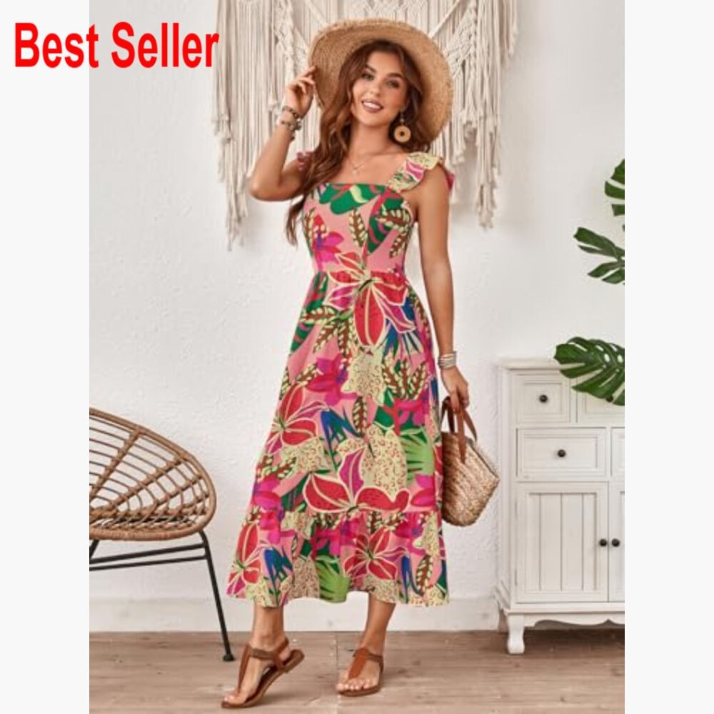 Polyester Elastane Square Neck A-Line Midi Dress … - image 4